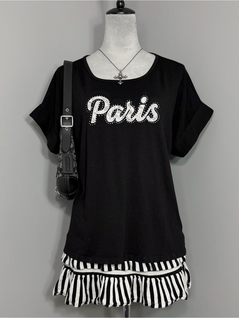Y2K Love Scarlett Black Embroidered Lace Paris T-Shirt w/ Rhinestones